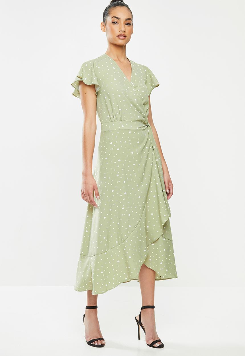 Missguided - Petite wrap front spot tea dress - sage & white 