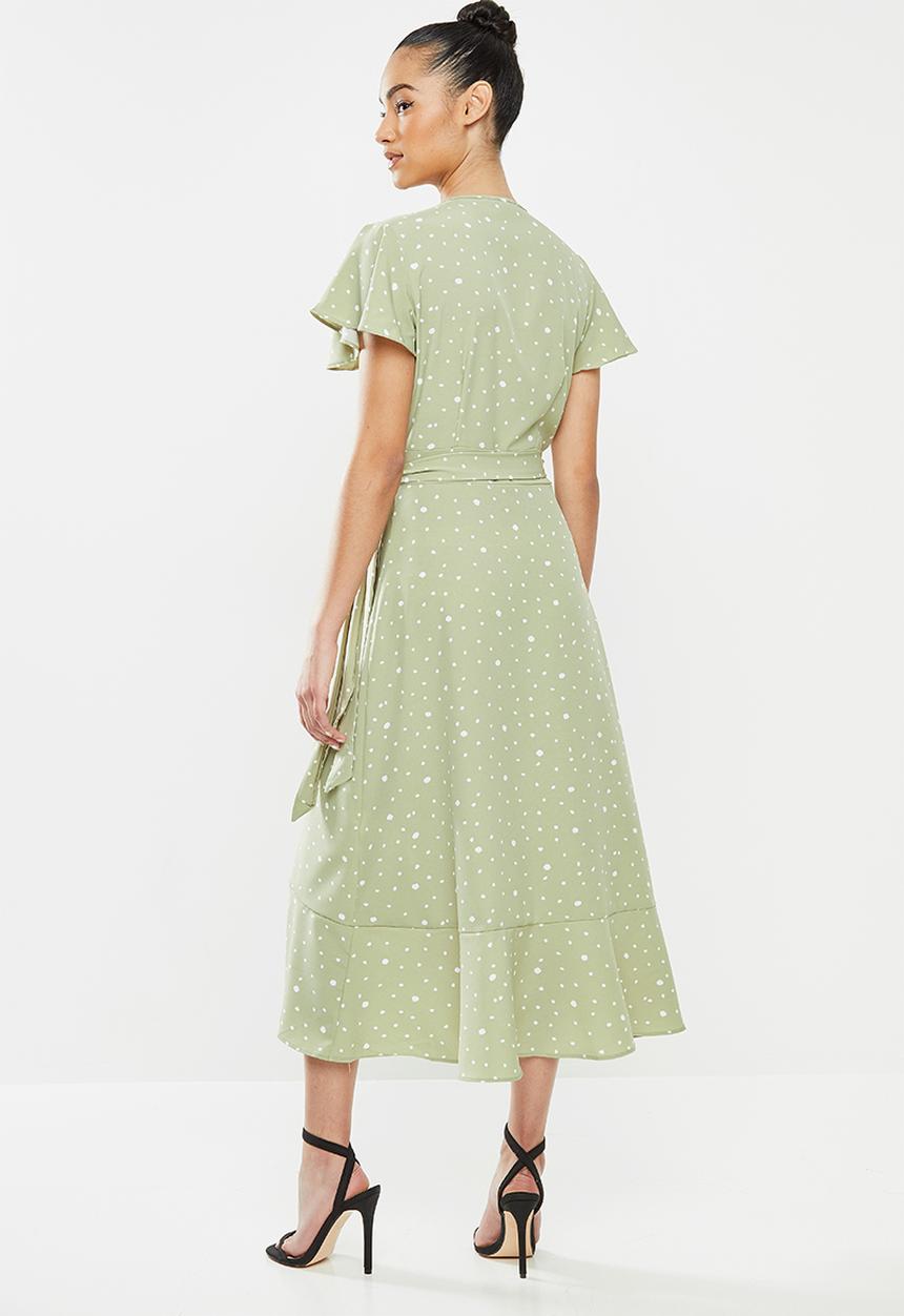 Missguided - Petite wrap front spot tea dress - sage & white 