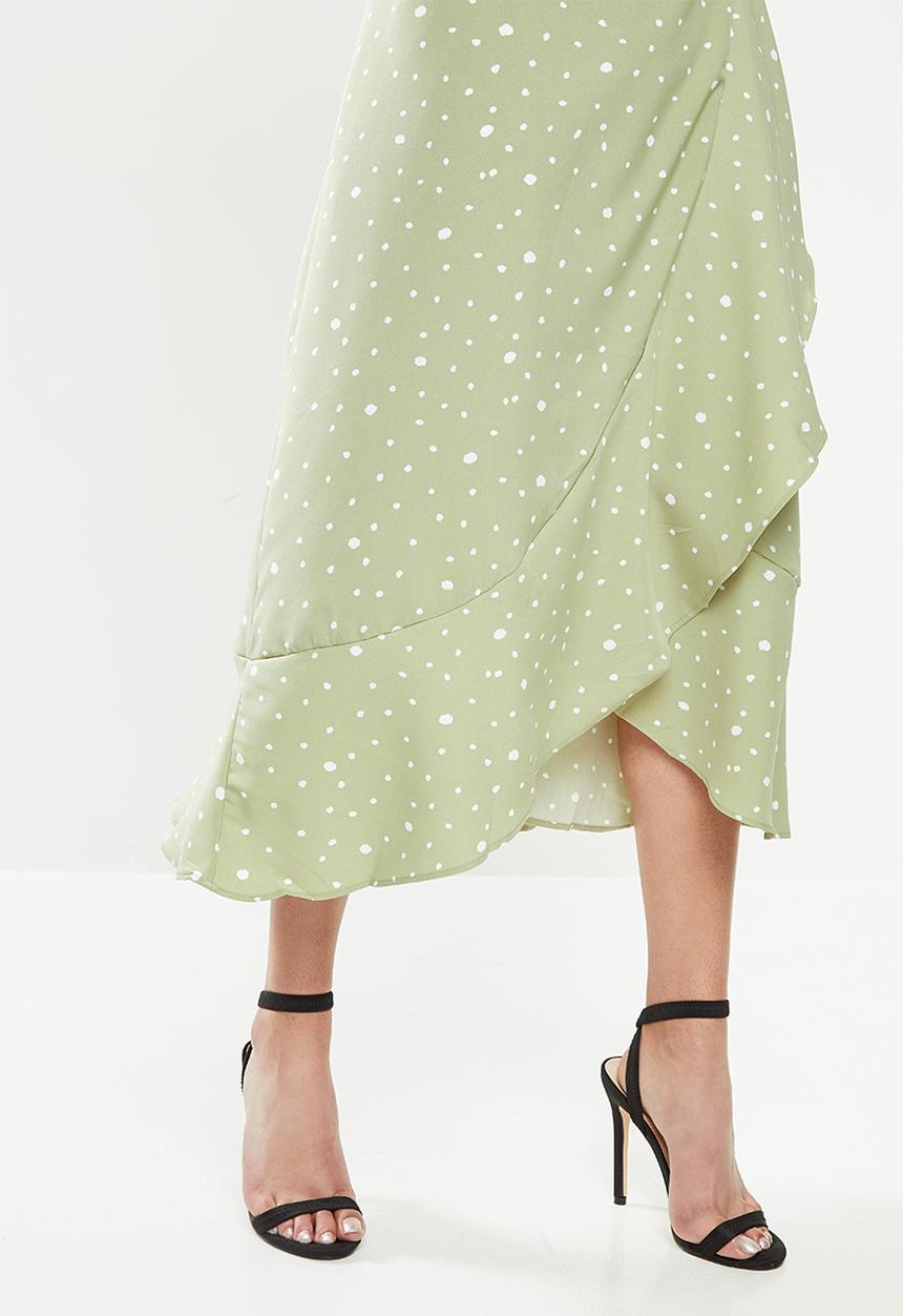 Missguided - Petite wrap front spot tea dress - sage & white 