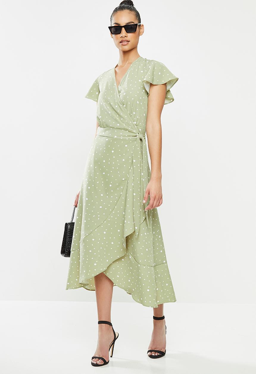 Missguided - Petite wrap front spot tea dress - sage & white 