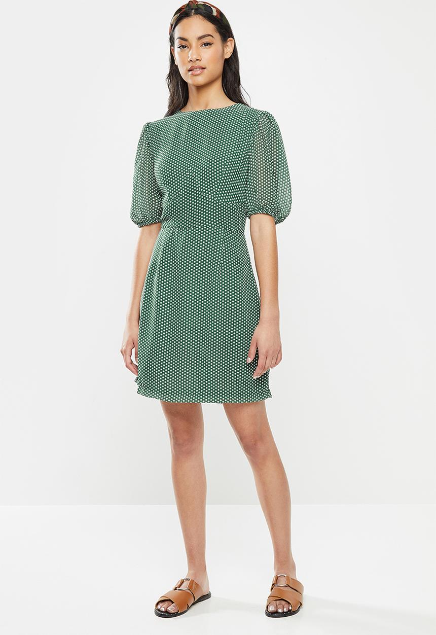 Glamorous - Petite Puff sleeve mini dress - green & white 