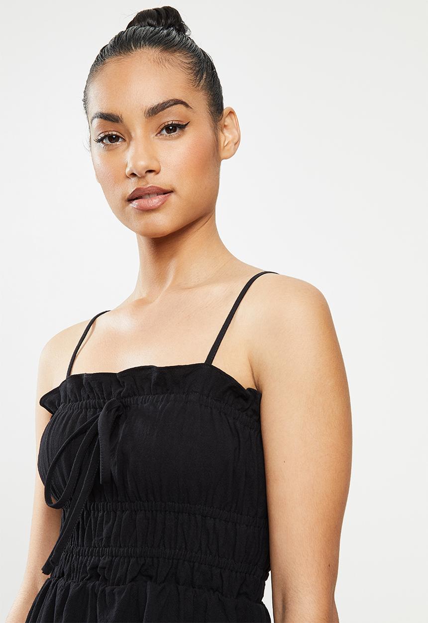 Glamorous - Petite ruched bodice mini with spaghetti straps - black