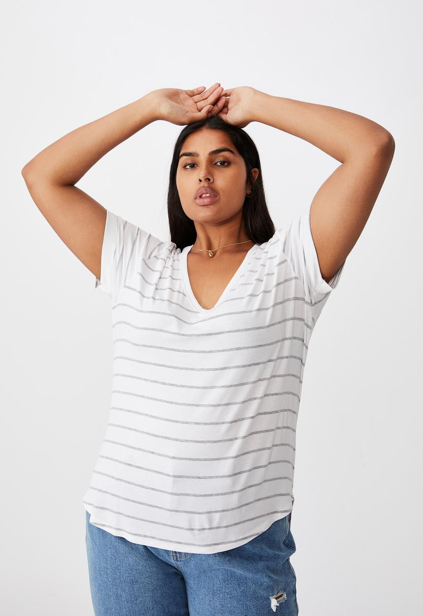 Cotton On - Curve karly short sleeve tee - zoe stripe white/grey marle