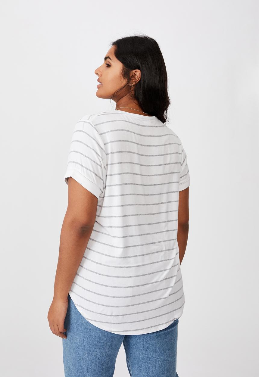 Cotton On - Curve karly short sleeve tee - zoe stripe white/grey marle