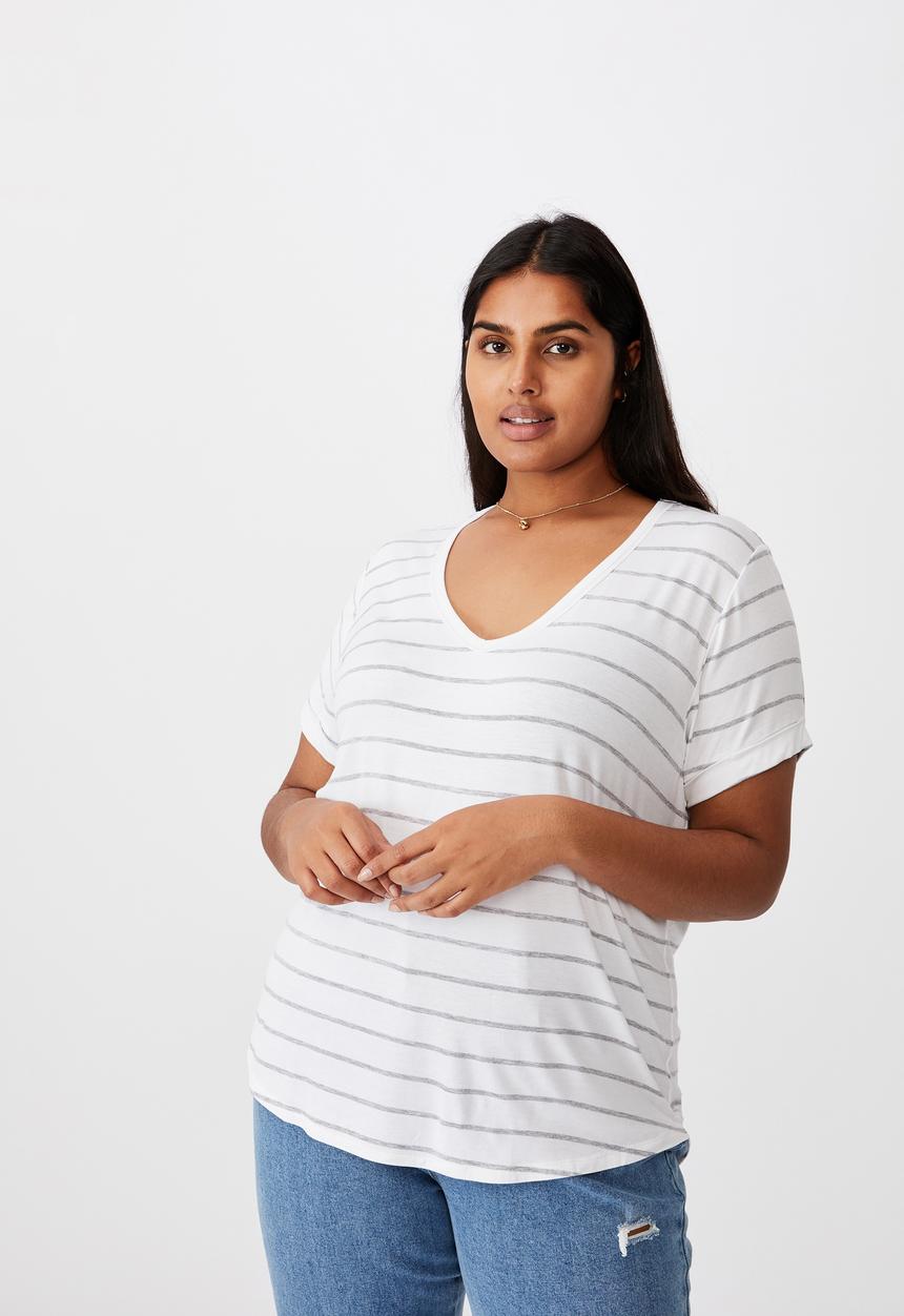 Cotton On - Curve karly short sleeve tee - zoe stripe white/grey marle