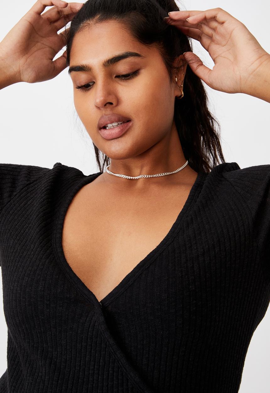 Cotton On - Curve tonya v cross over short sleeve top - black