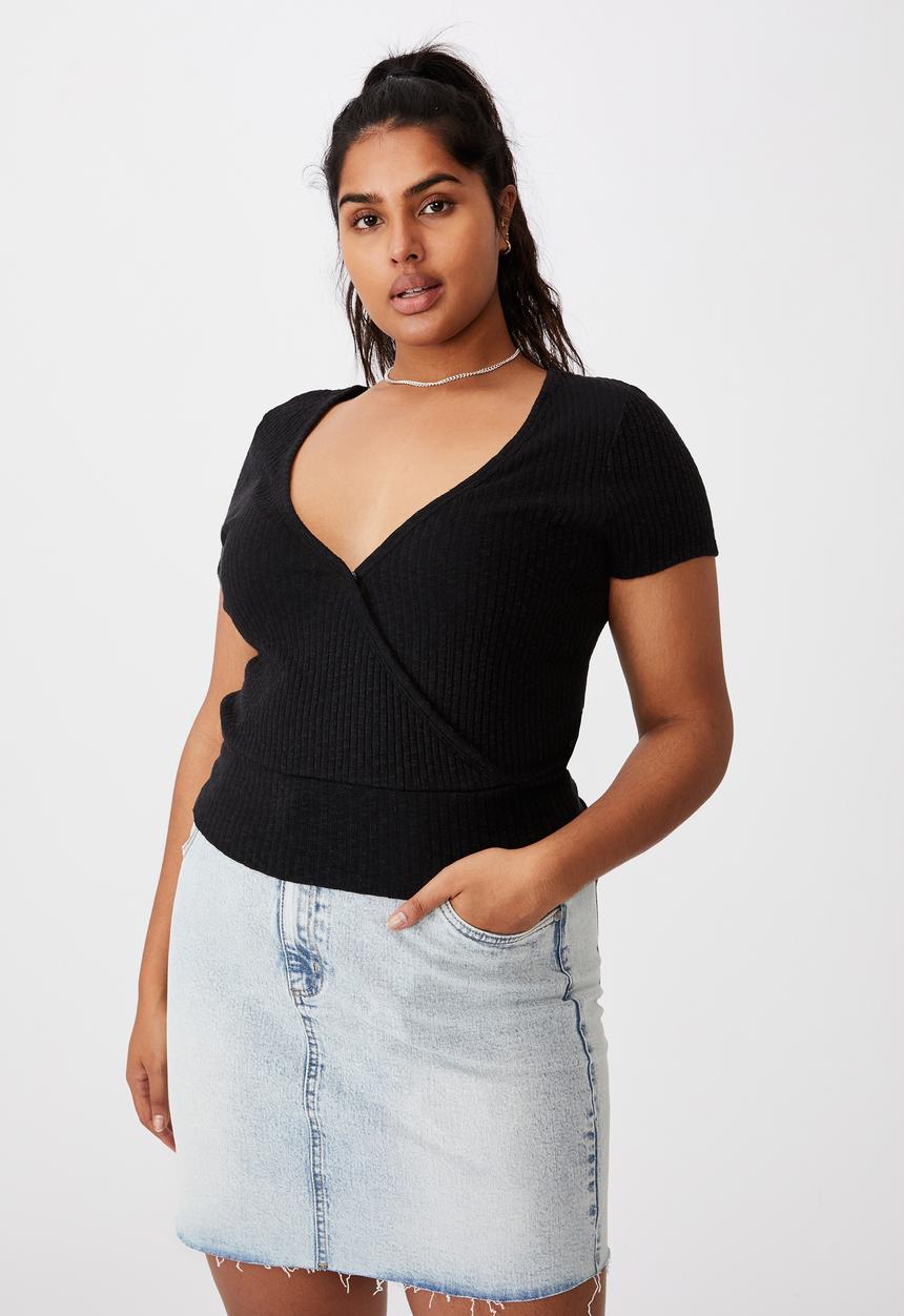 Cotton On - Curve tonya v cross over short sleeve top - black