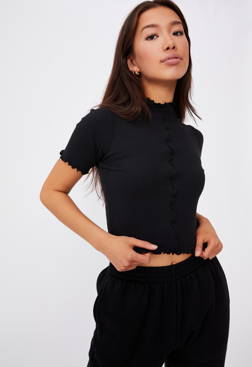 Factorie - Short sleeve lettuce edge detail top - black