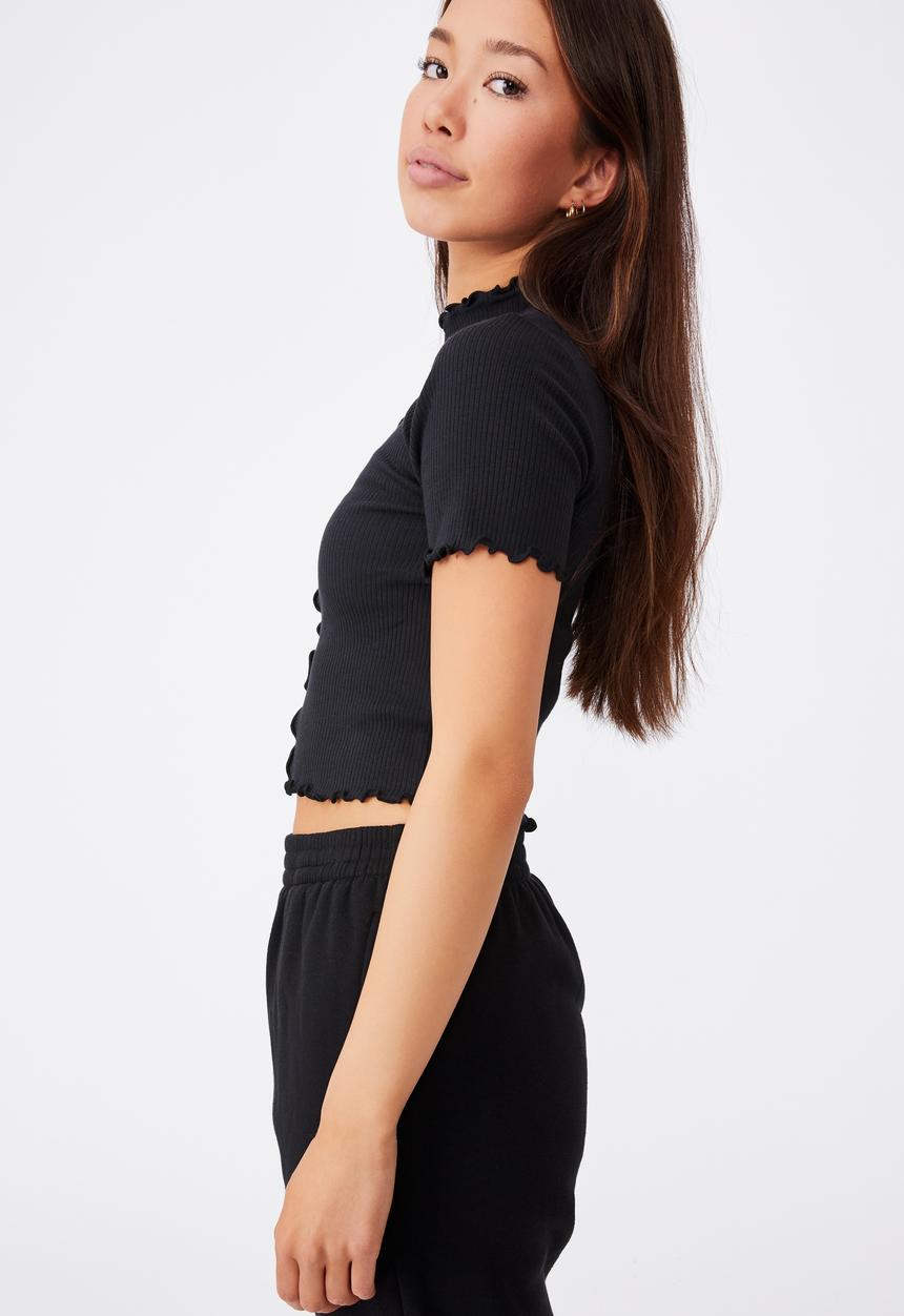 Factorie - Short sleeve lettuce edge detail top - black
