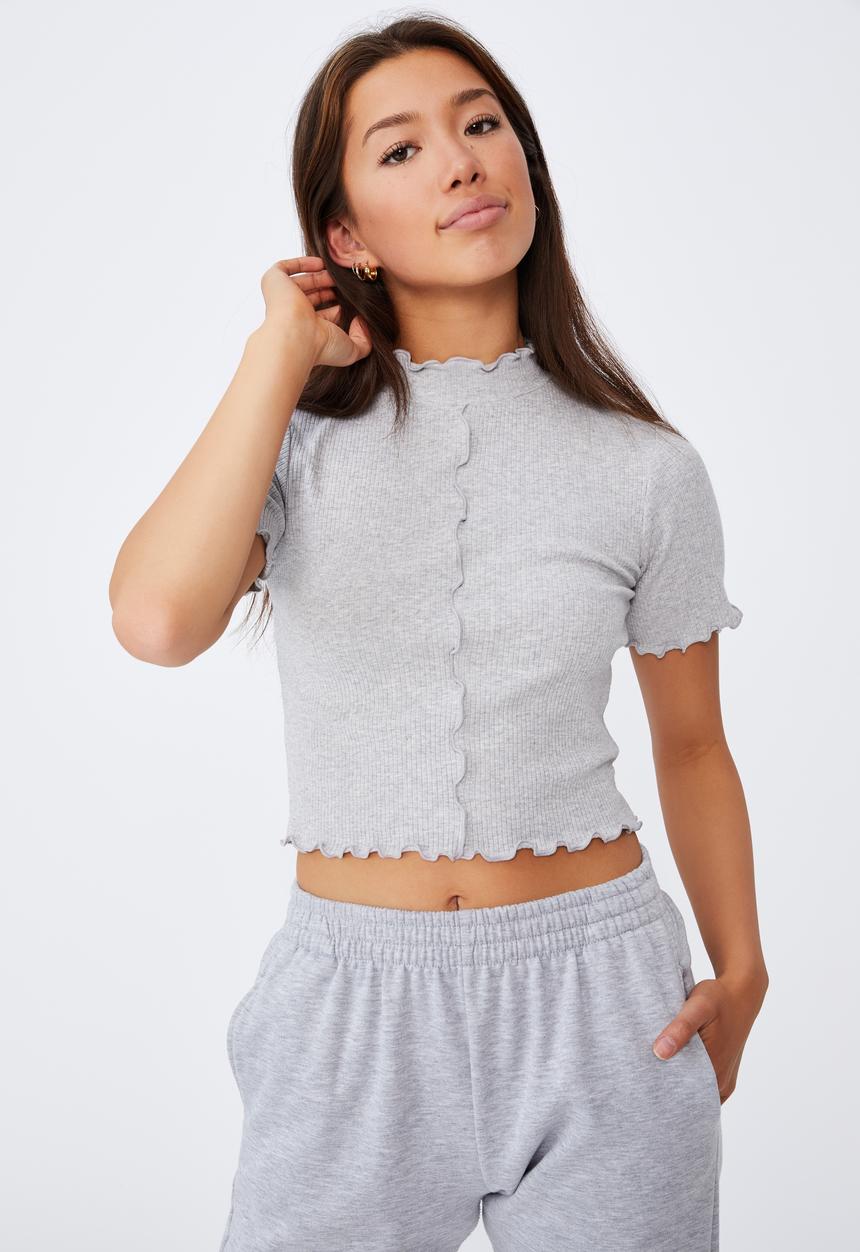 Factorie - Short sleeve lettuce edge detail top - grey marle