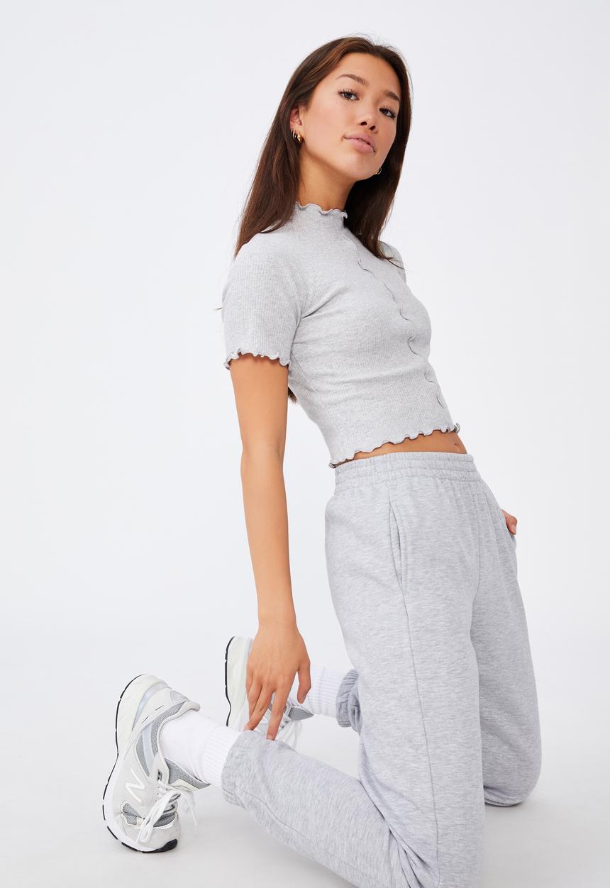 Factorie - Short sleeve lettuce edge detail top - grey marle