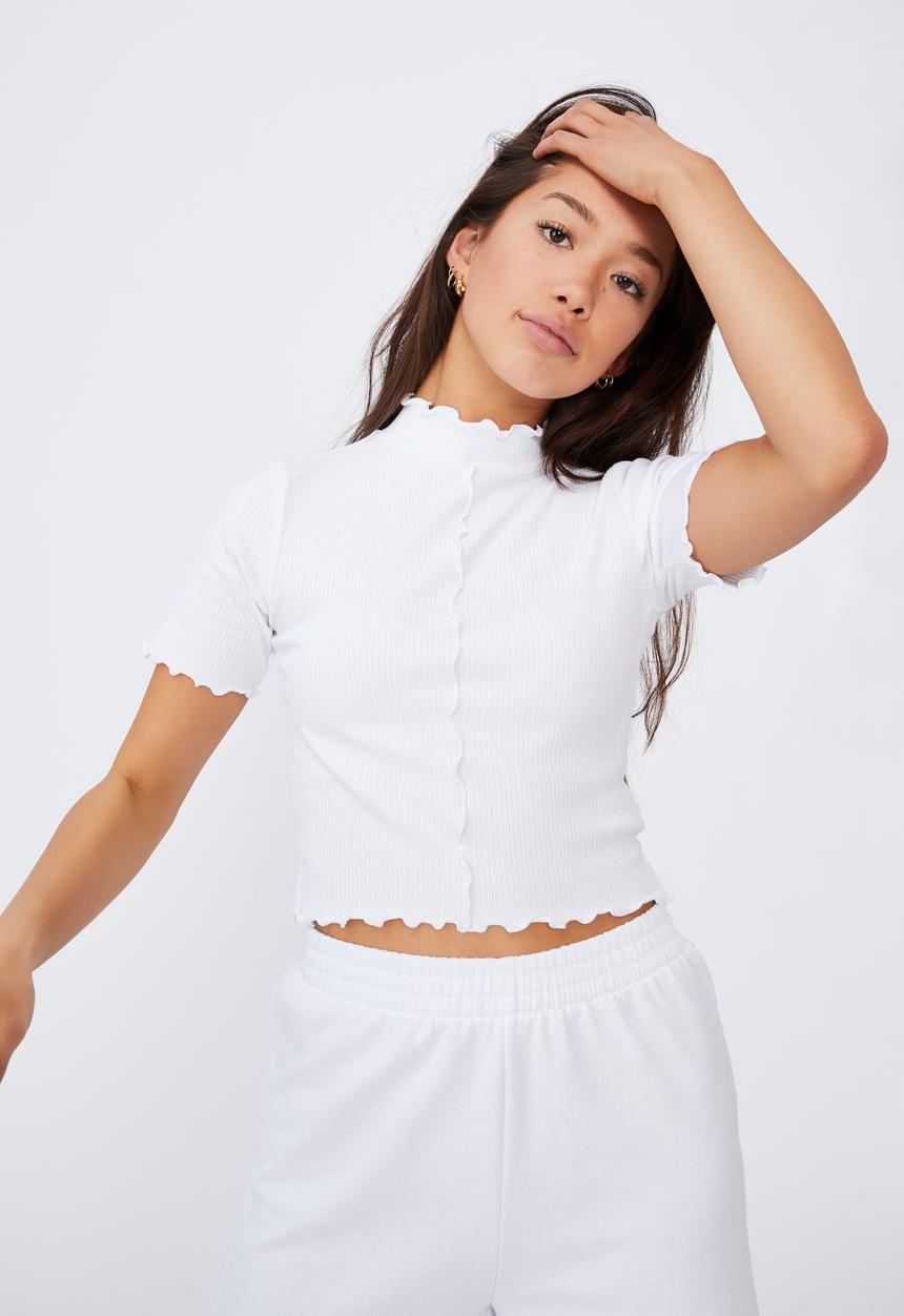 Factorie - Short sleeve lettuce edge detail top - white