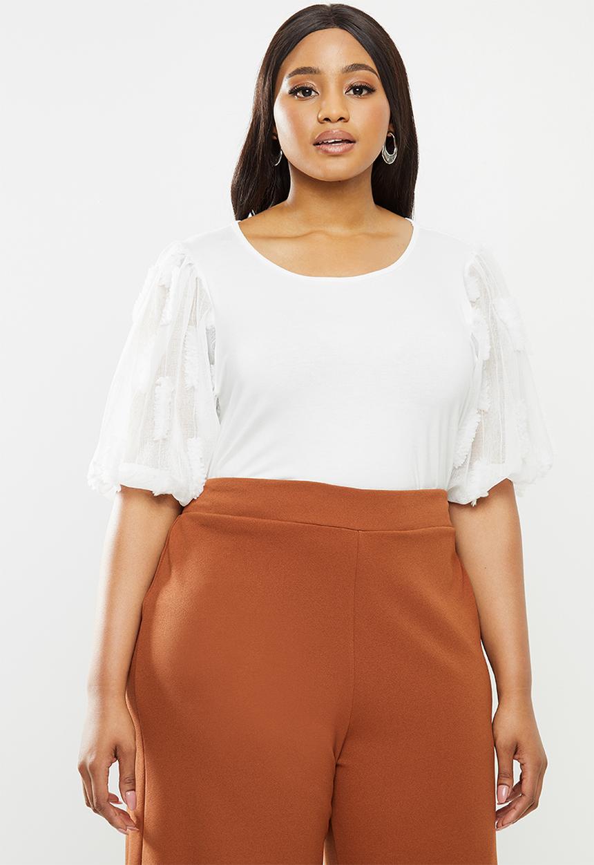 Me&B - Plus milk combo tee with 3d organza puff sleeves - white 