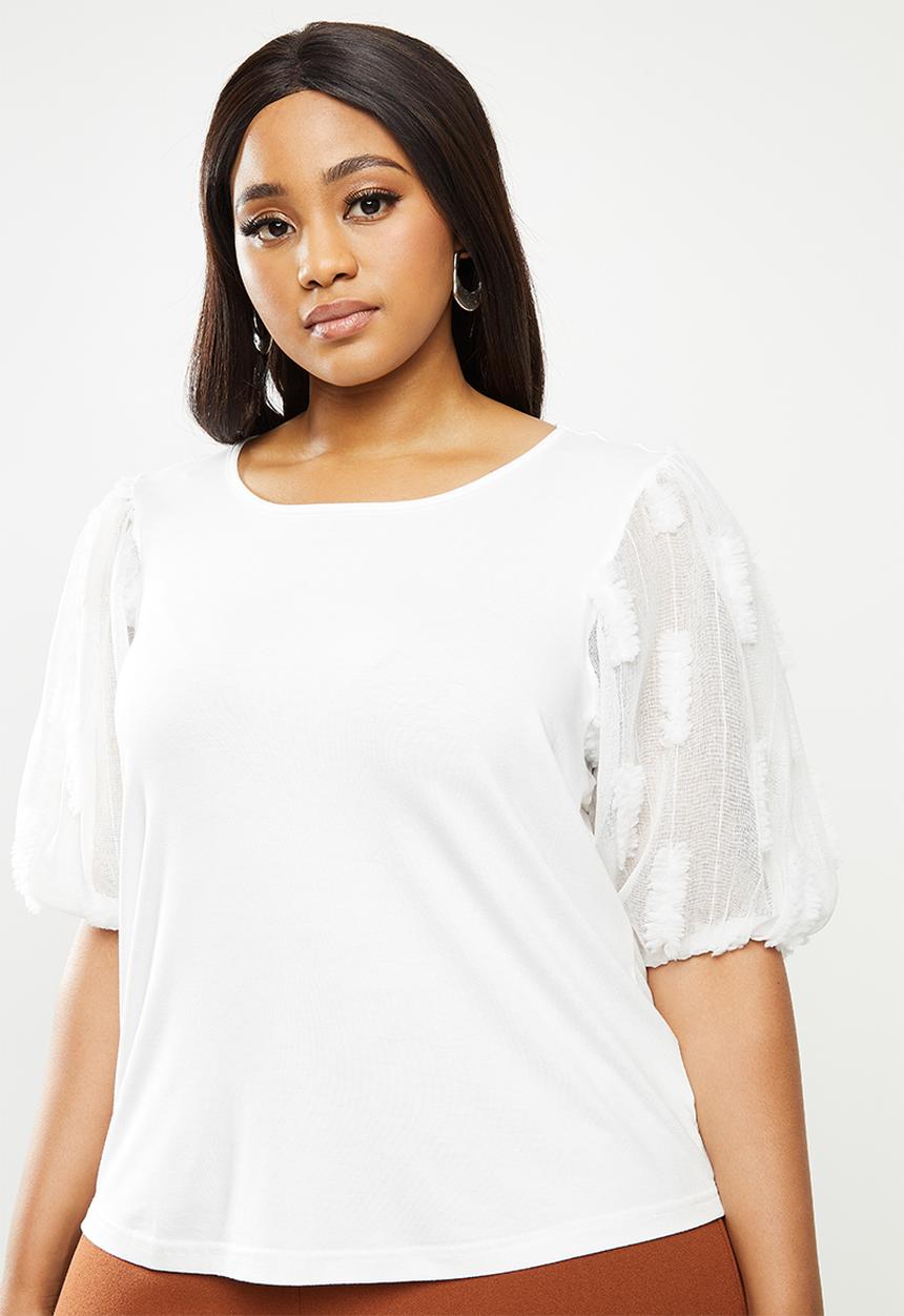 Me&B - Plus milk combo tee with 3d organza puff sleeves - white 