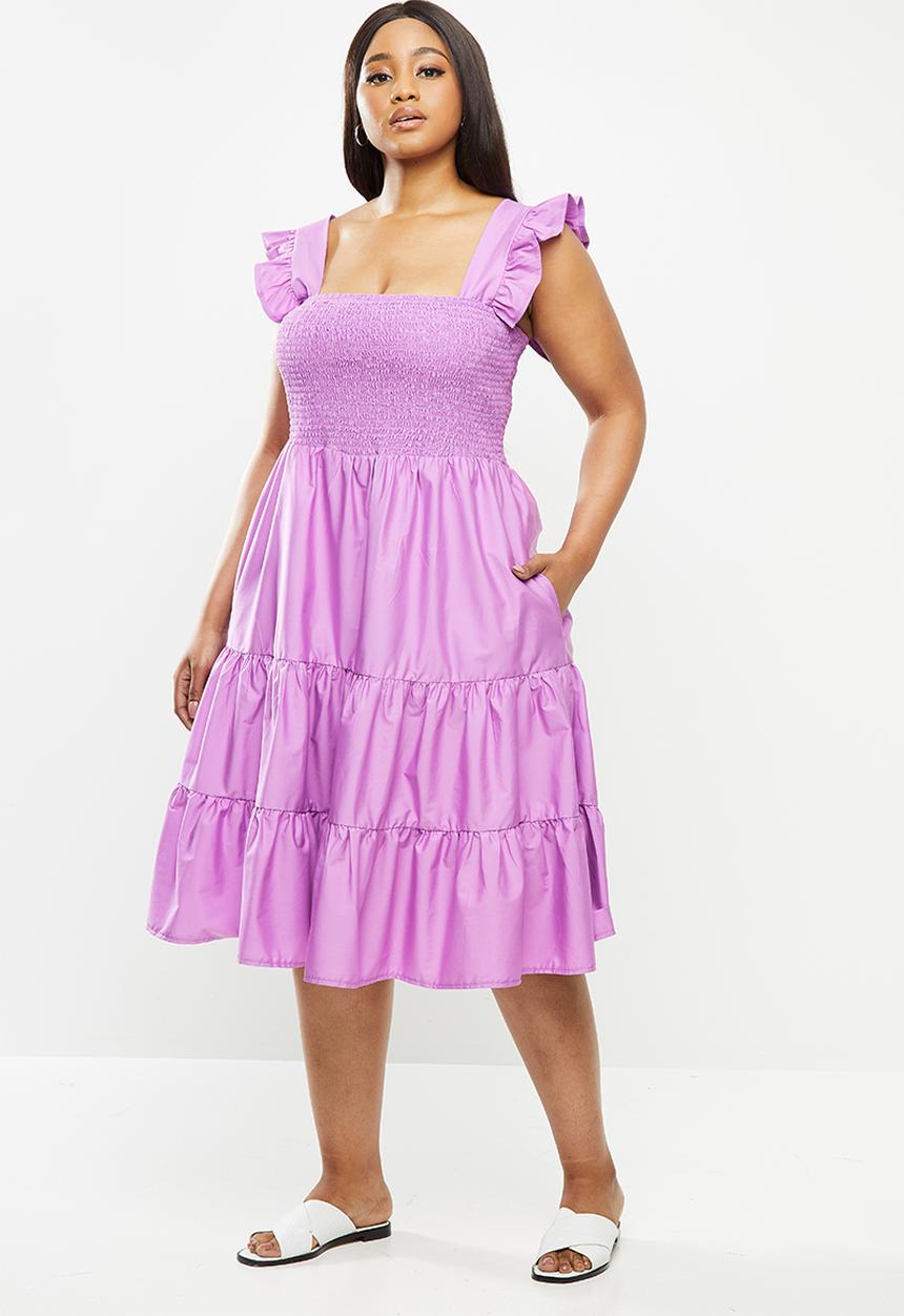 Me&B - Plus cotton colour block sun dress with frill sleeves - lilac