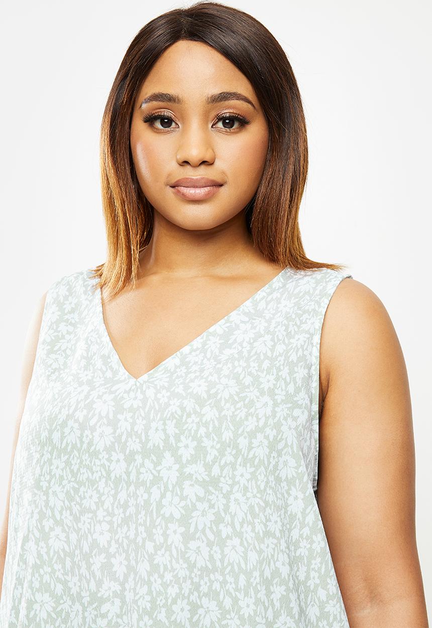 edit Plus - Woven frill hem vest - green & white 