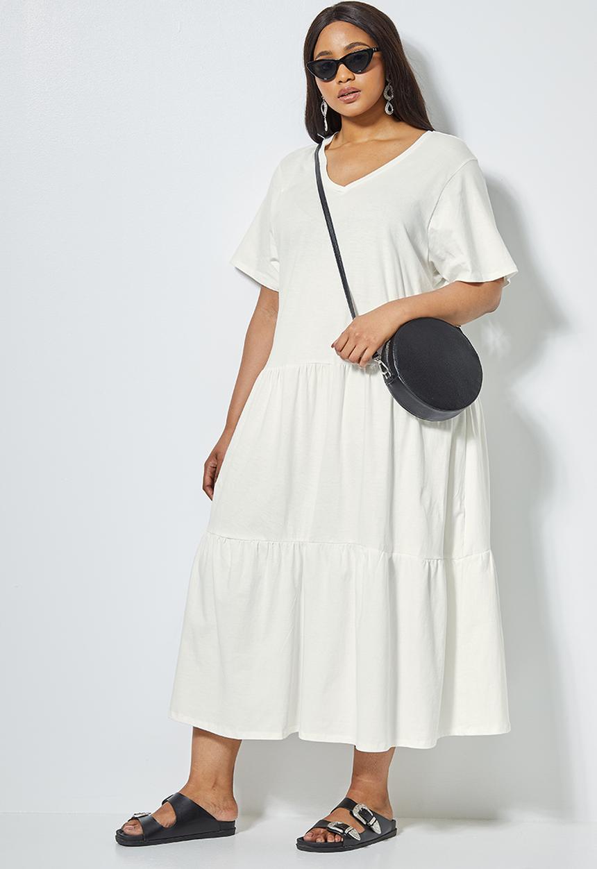 Superbalist - V-neck tiered midi dress - milk