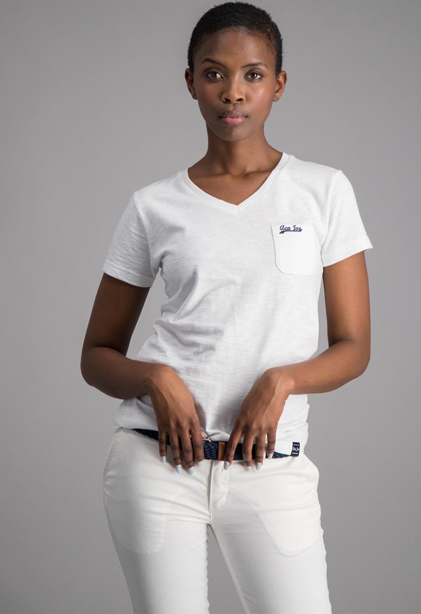 Aca Joe - Plat summer v neck T-shirt - white