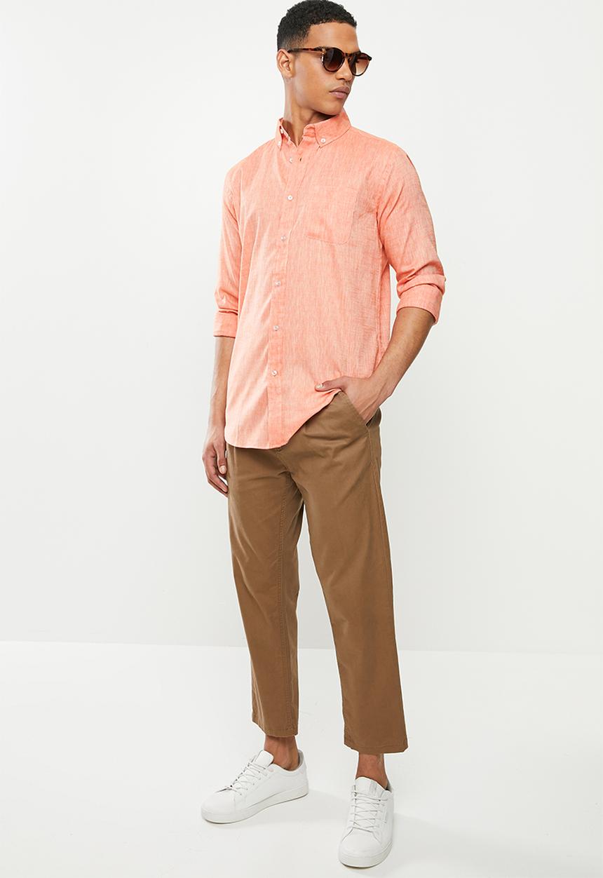 Jonathan D - Slim fit casual l/s linen shirt - salmon