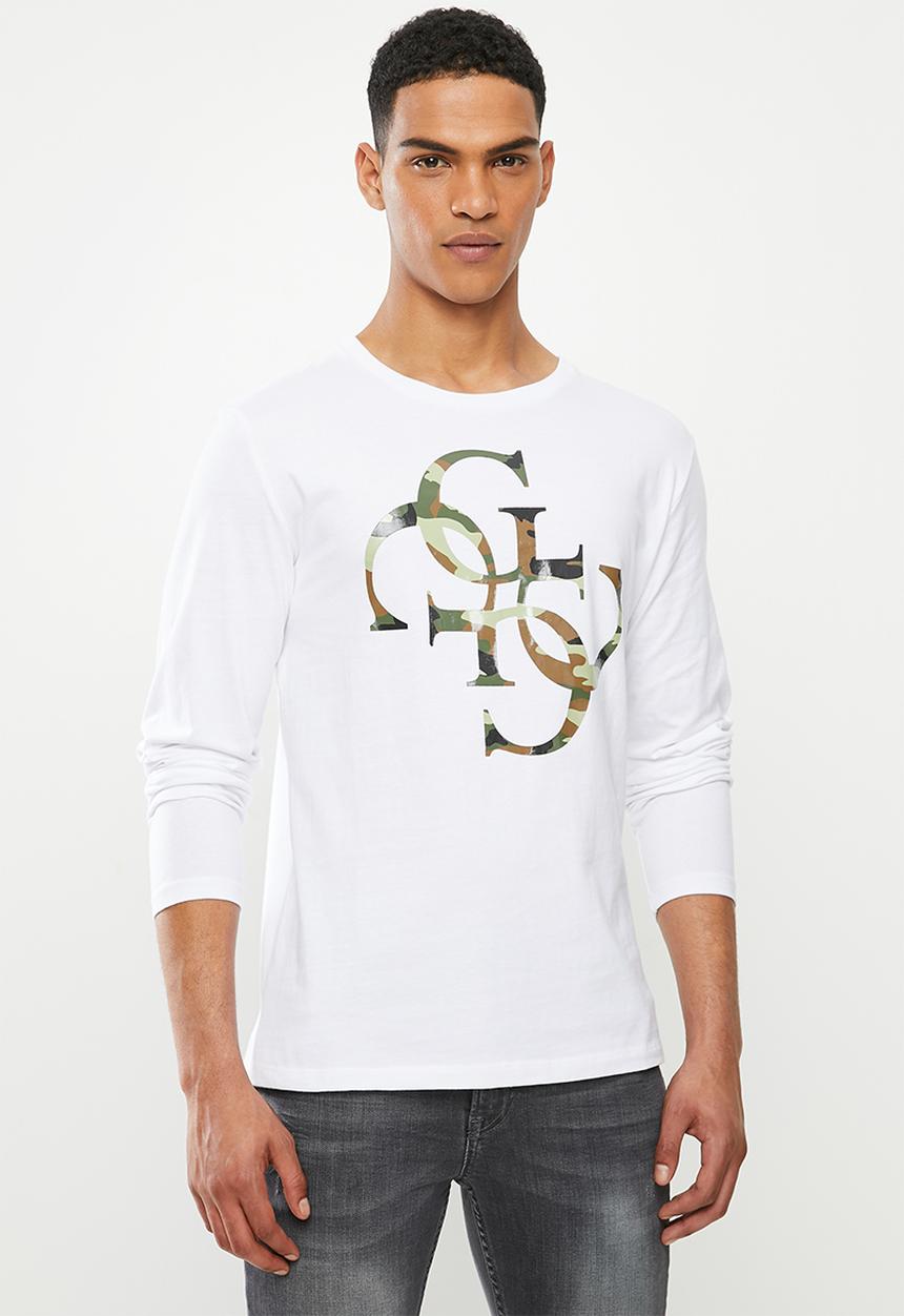 GUESS - Long sleeve  bsc camo quatro g crew tee - true white