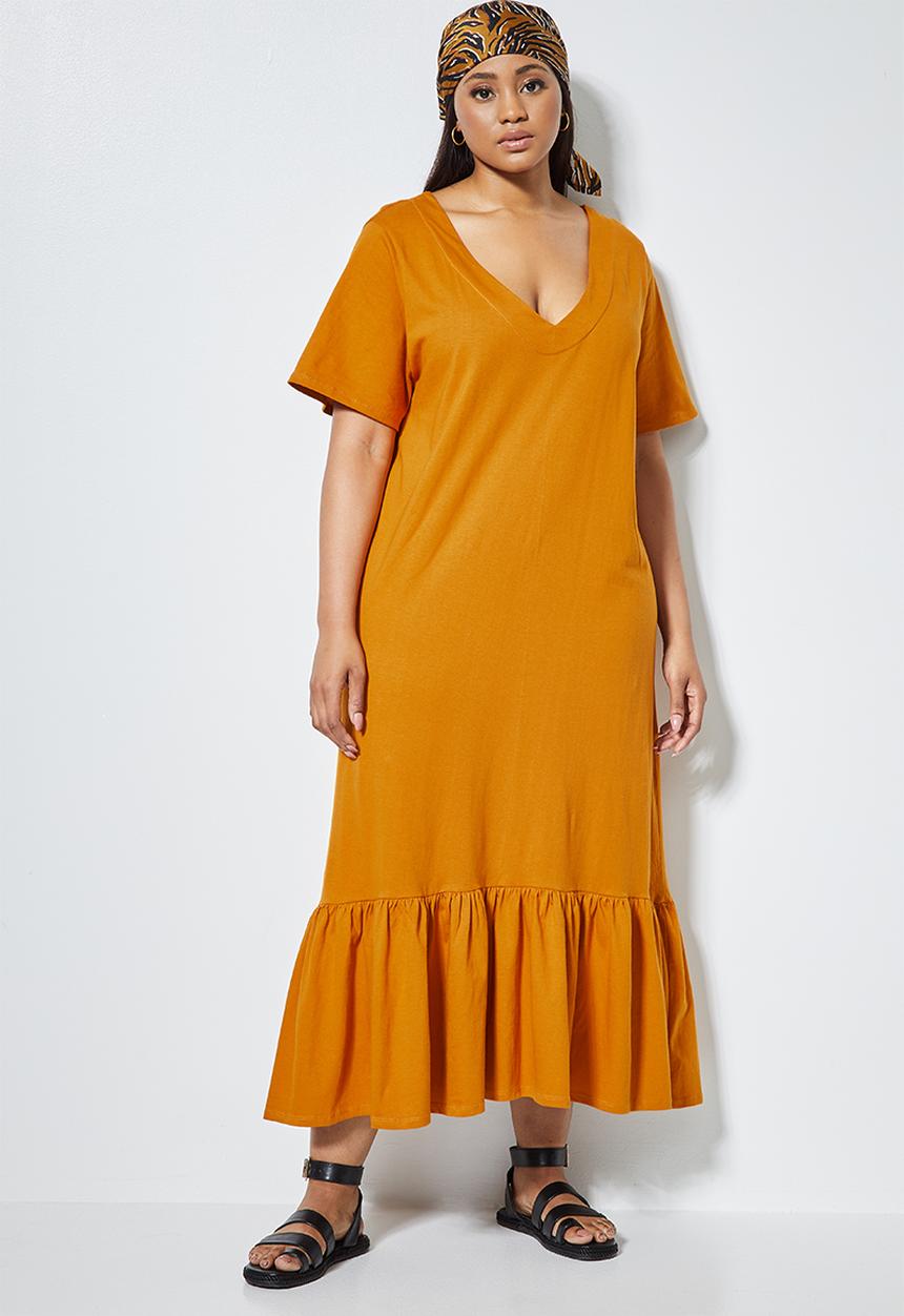 Superbalist - V-neck tiered midi dress - mustard