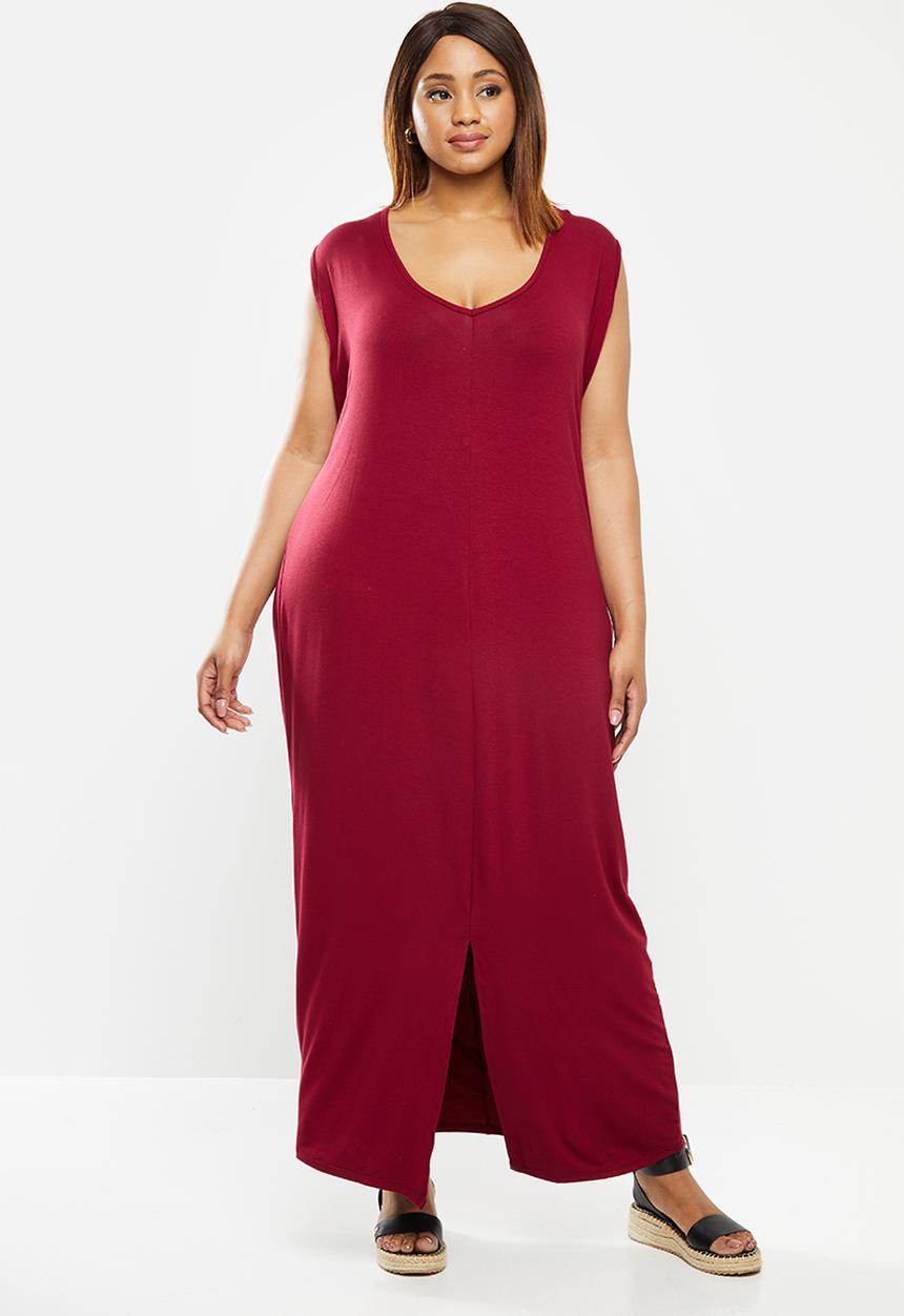 edit Plus - Sleeveless knit slit column dress - red