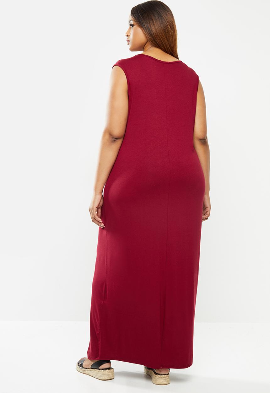 edit Plus - Sleeveless knit slit column dress - red