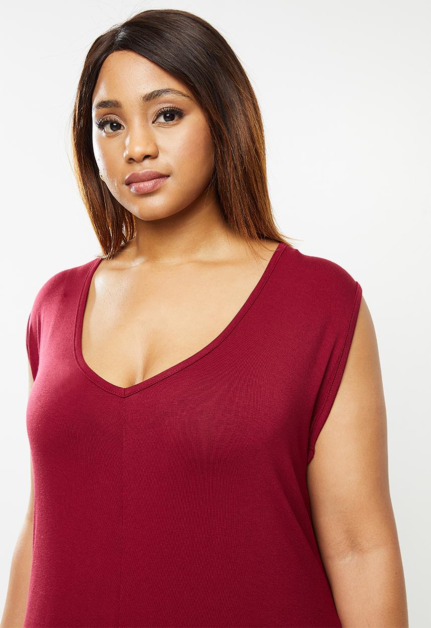 edit Plus - Sleeveless knit slit column dress - red