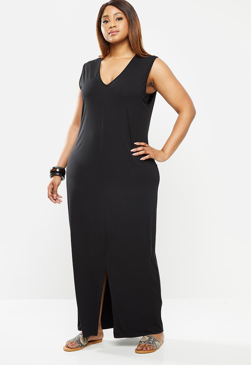 edit Plus - Sleeveless knit slit column dress - black