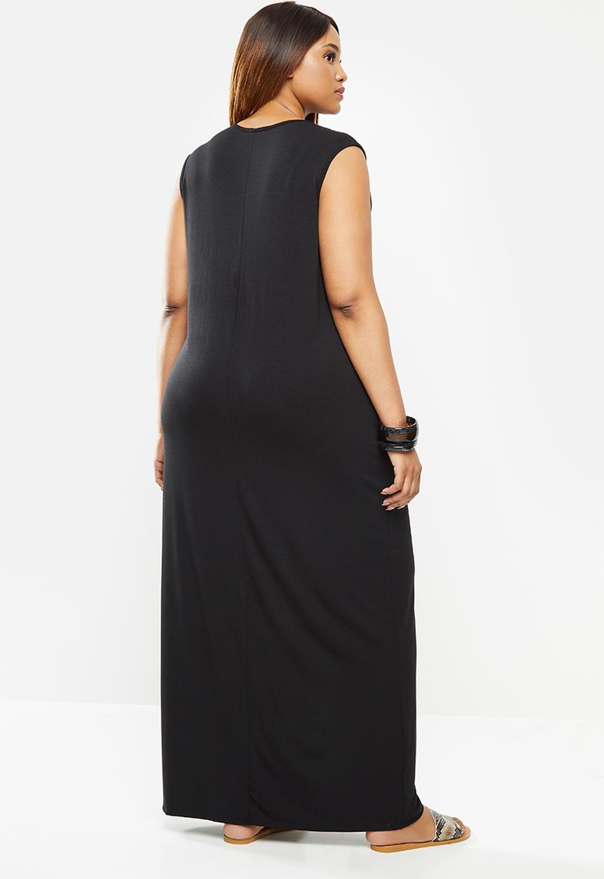 edit Plus - Sleeveless knit slit column dress - black