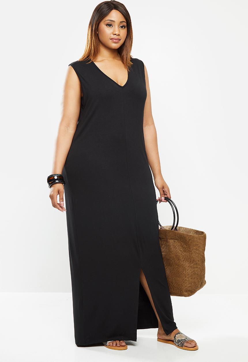 edit Plus - Sleeveless knit slit column dress - black