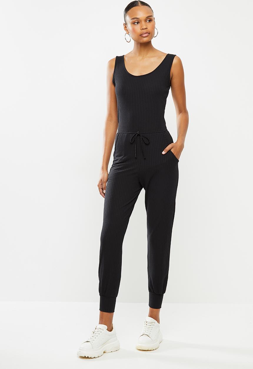 Missguided - Rib sleeveless jogger tie waist jumpsuit - black