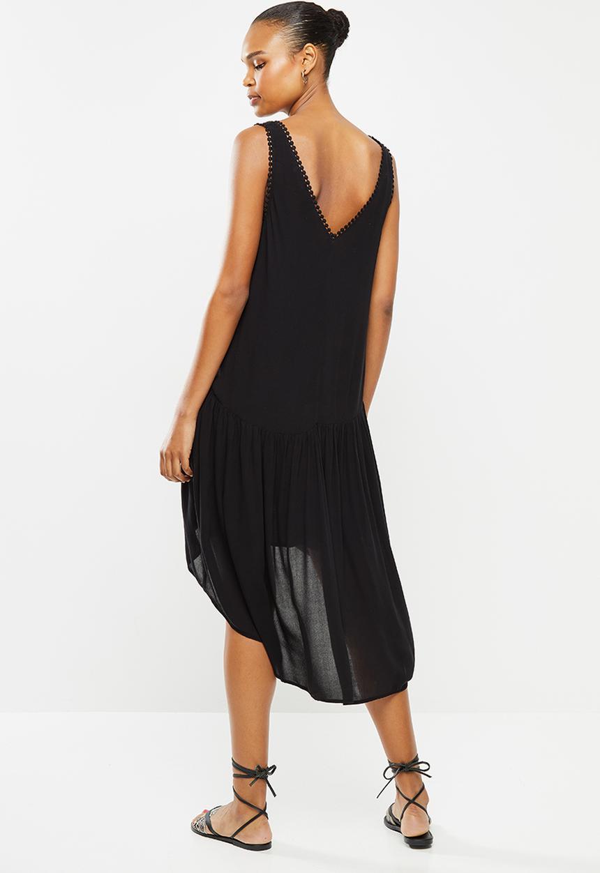 MILLA - Dipped hem tiered mini dress with trim - black
