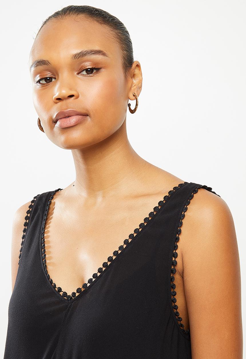 MILLA - Dipped hem tiered mini dress with trim - black