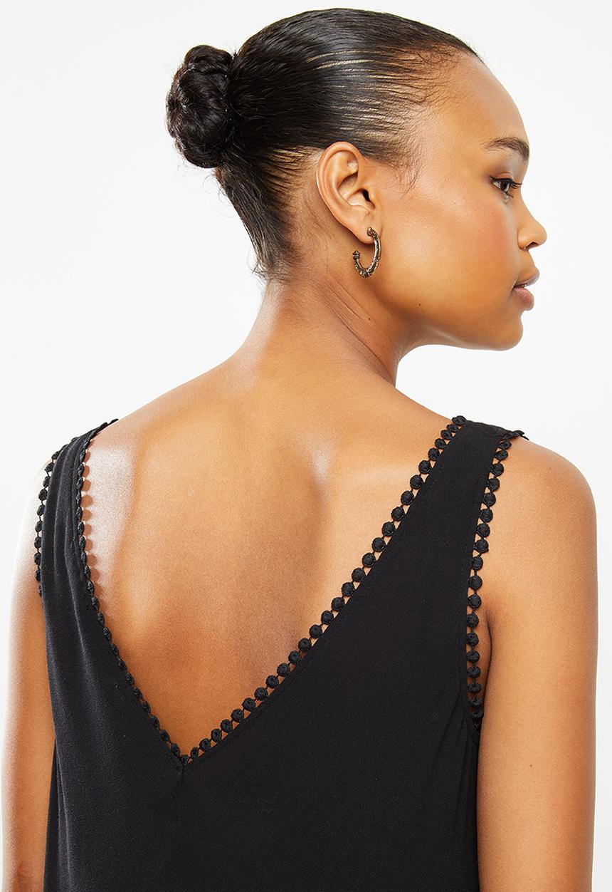 MILLA - Dipped hem tiered mini dress with trim - black
