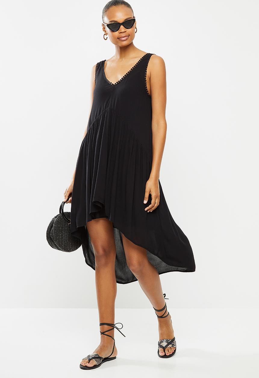 MILLA - Dipped hem tiered mini dress with trim - black
