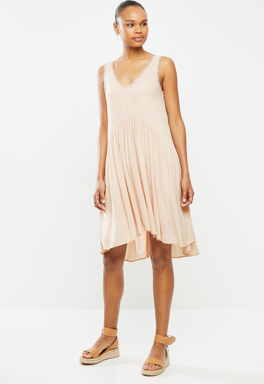 MILLA - Dipped hem tiered mini dress with trim - beige 