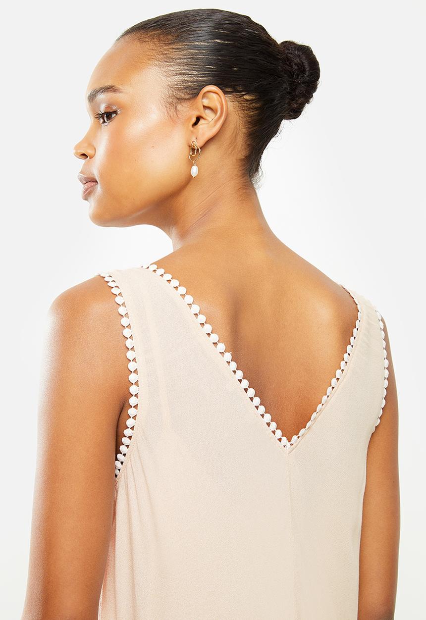 MILLA - Dipped hem tiered mini dress with trim - beige 