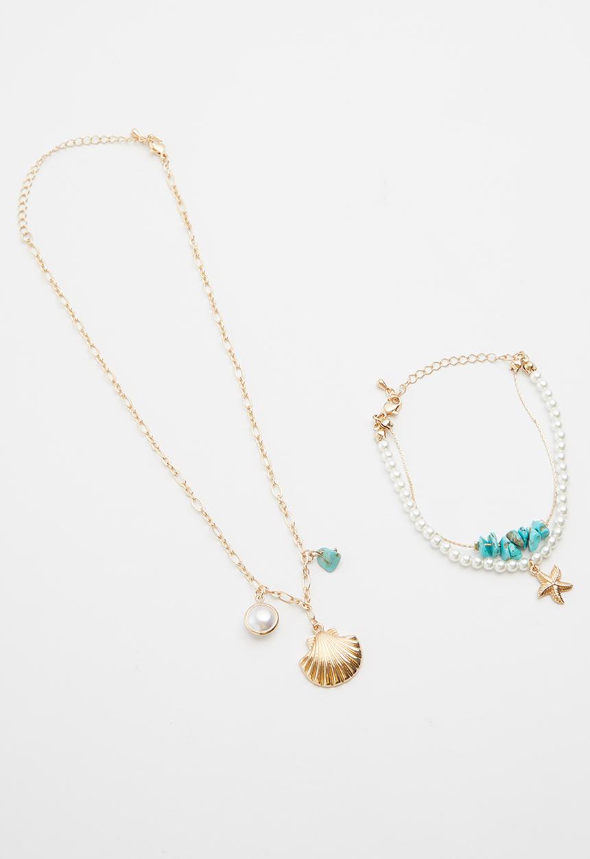 Cotton On - Bead necklace and bracelet set - gold & blue 