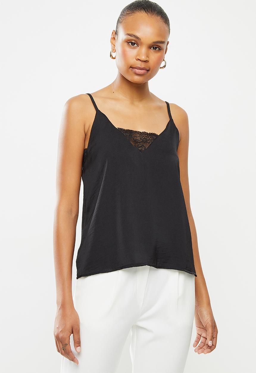 edit - Lace trim woven cami - black