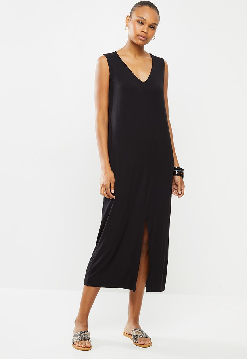 edit - Sleeveless knit slit front column dress - black