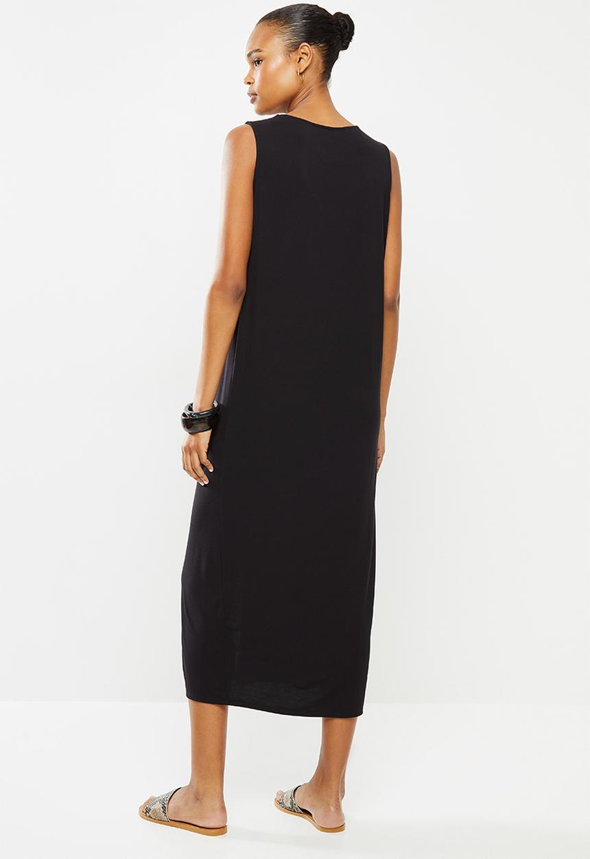 edit - Sleeveless knit slit front column dress - black