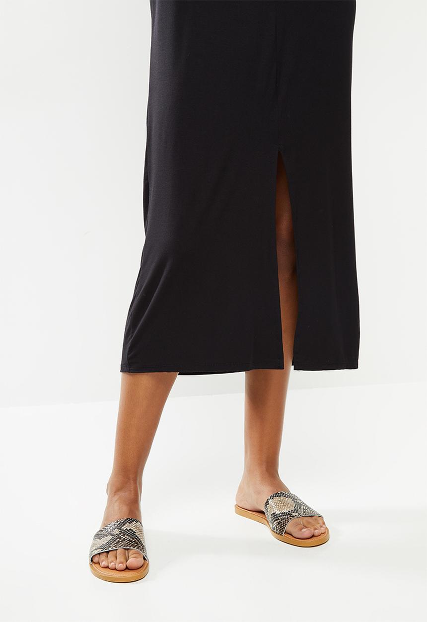 edit - Sleeveless knit slit front column dress - black