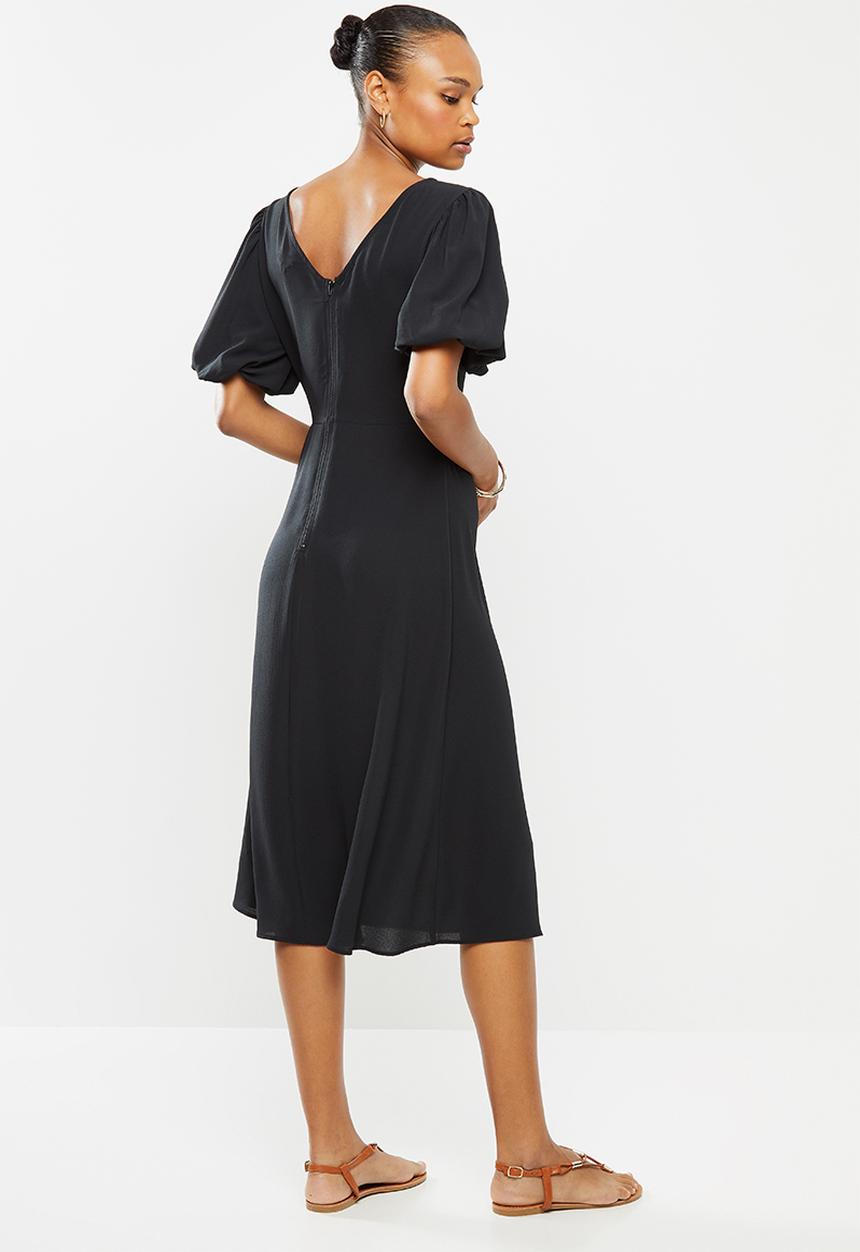 edit - Bubble sleeve crepe slit midi - black