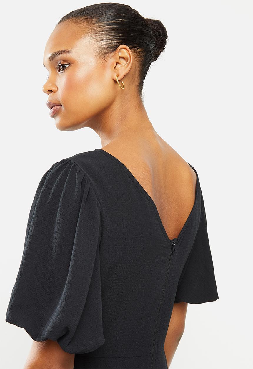 edit - Bubble sleeve crepe slit midi - black
