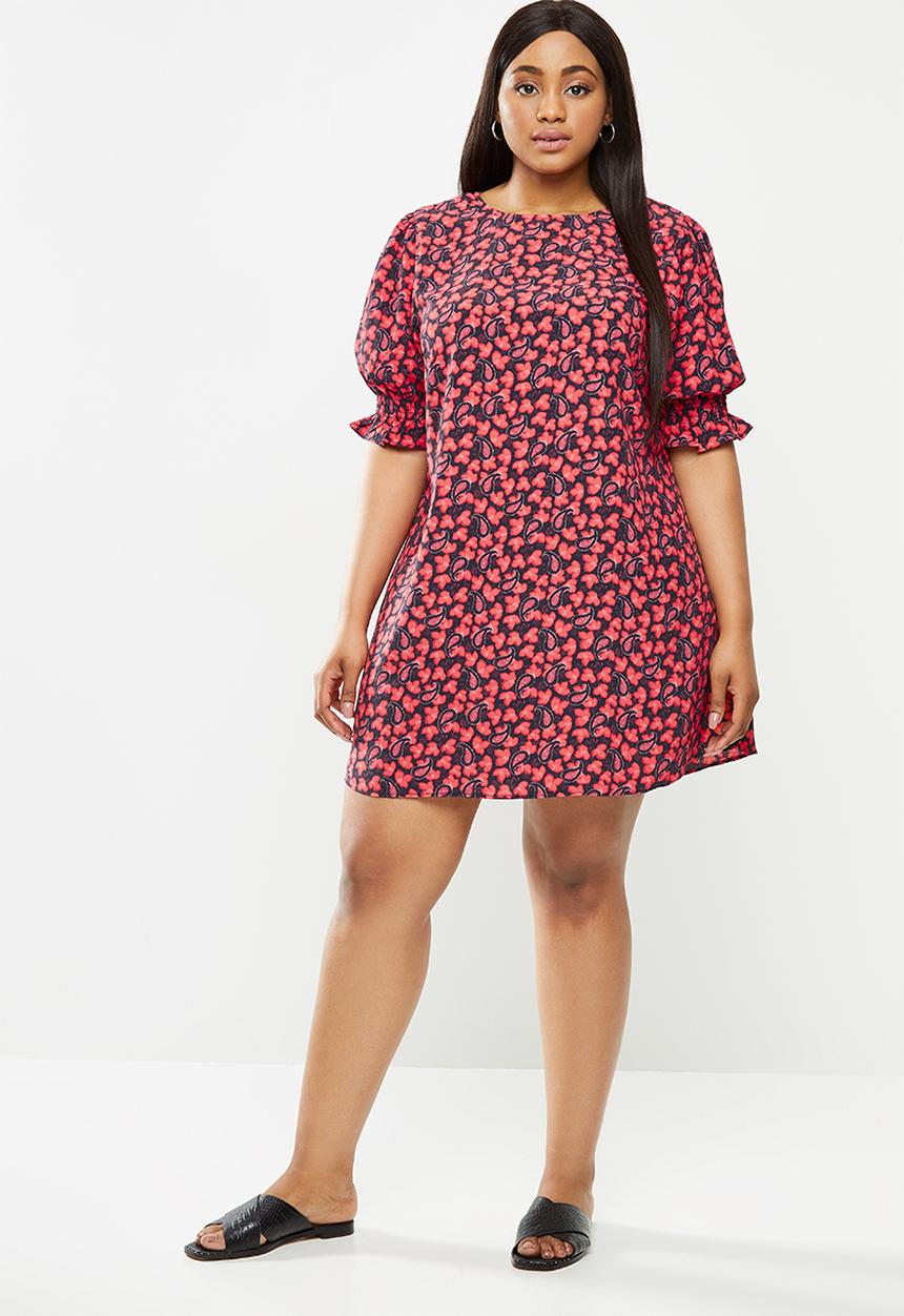 Glamorous - Plus size paisley puff sleeve dress - red & navy
