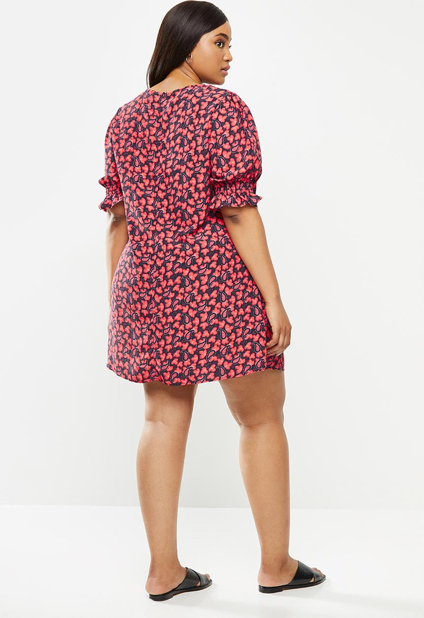 Glamorous - Plus size paisley puff sleeve dress - red & navy