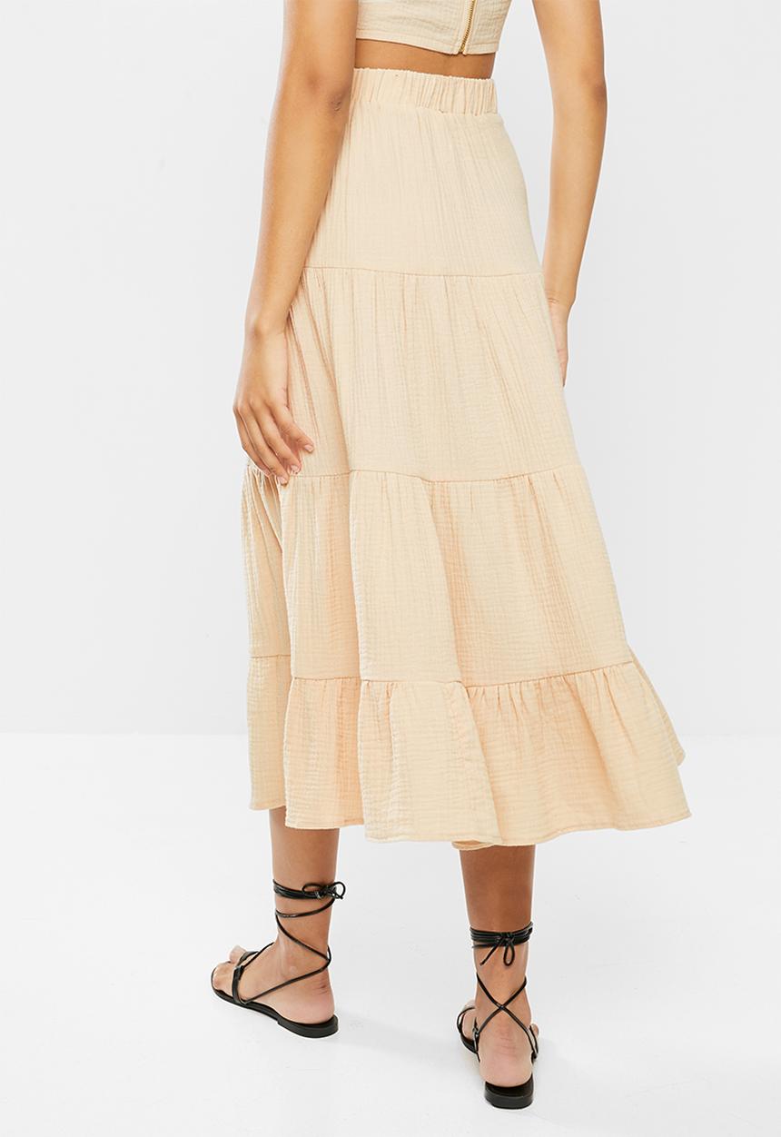 VELVET - Textured tiered midi skirt - beige