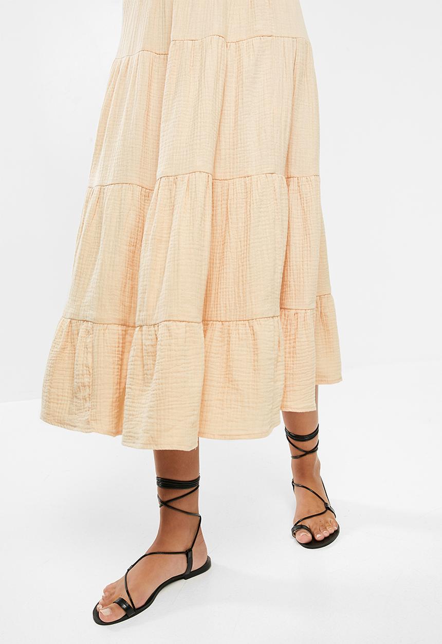 VELVET - Textured tiered midi skirt - beige