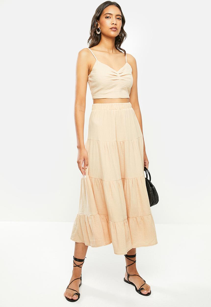 VELVET - Textured tiered midi skirt - beige